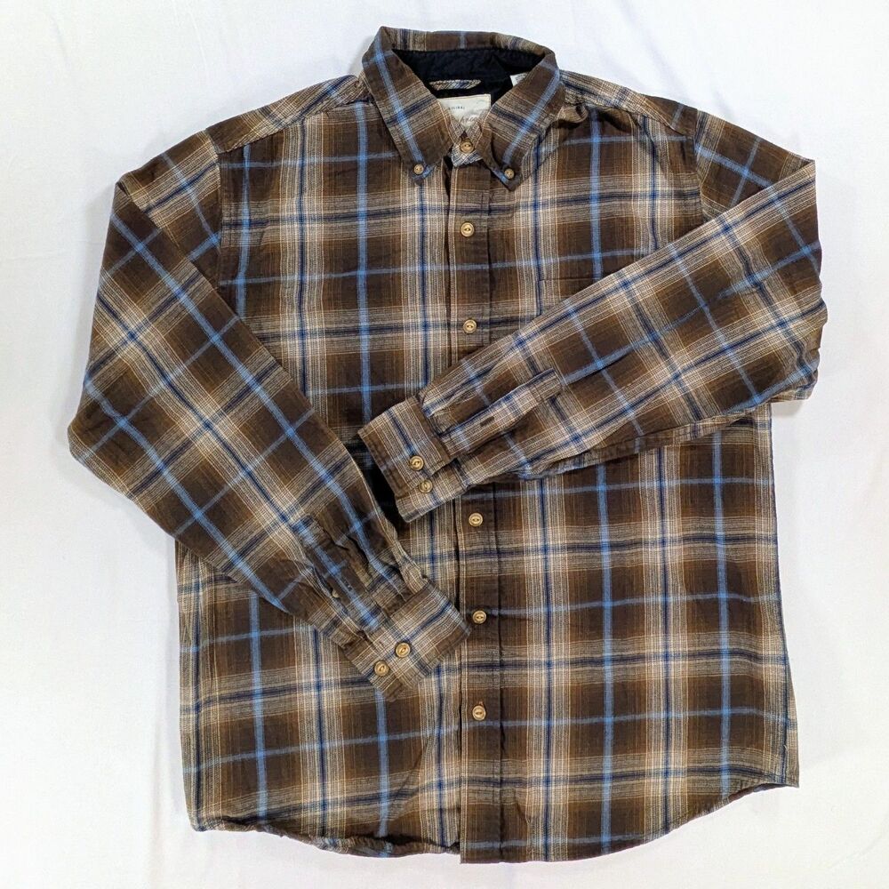 Weatherproof Men Shirt large brown Plaid Flannel Long Sleeve Button up gorpcore